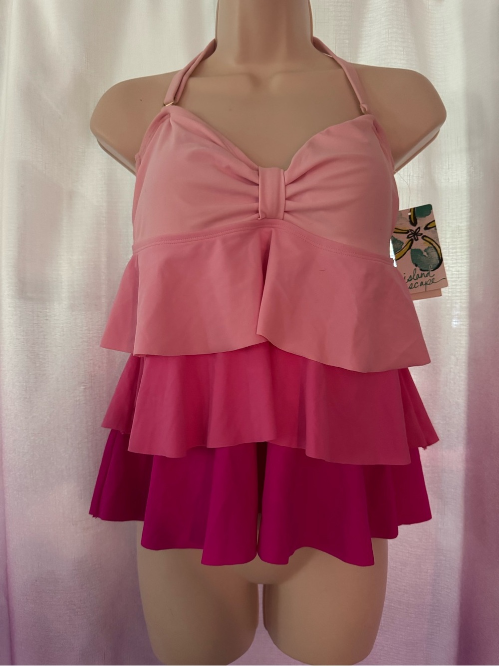 Pink Tiered Ruffle Halter Tankini Top